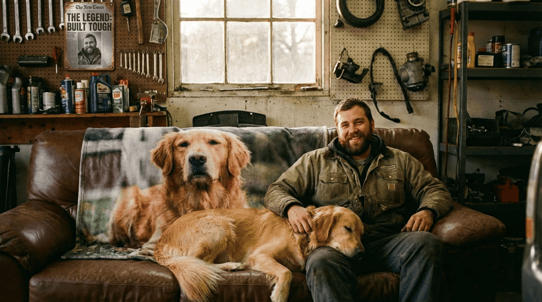 Mechanic sitting in garage man cave covered by a custom pet photo blanket with his dog