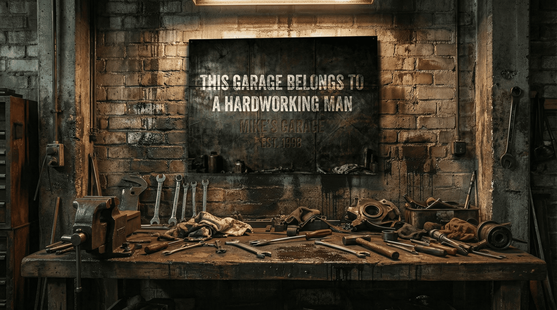 Personalized garage signs for mechanics and blue collar men