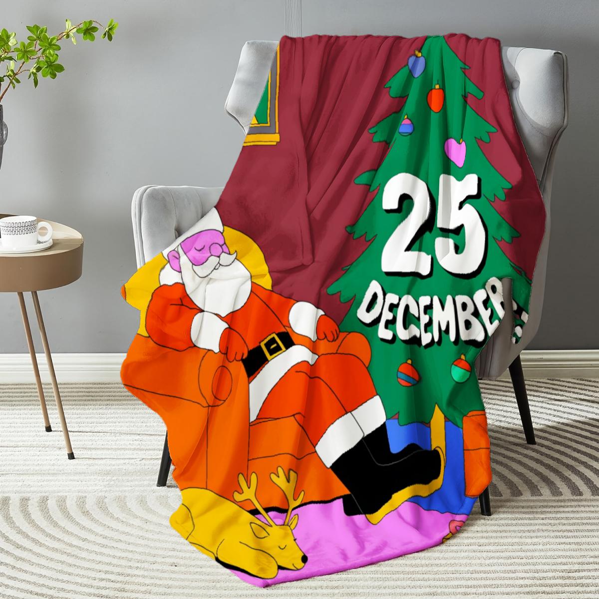 Christmas Throw Blanket Red Santa Claus & Christmas Tree 25 December Text for Holiday Home Decor 290g Flannel Camping Picnic Chair and Set Ceramic Mug with Straw
