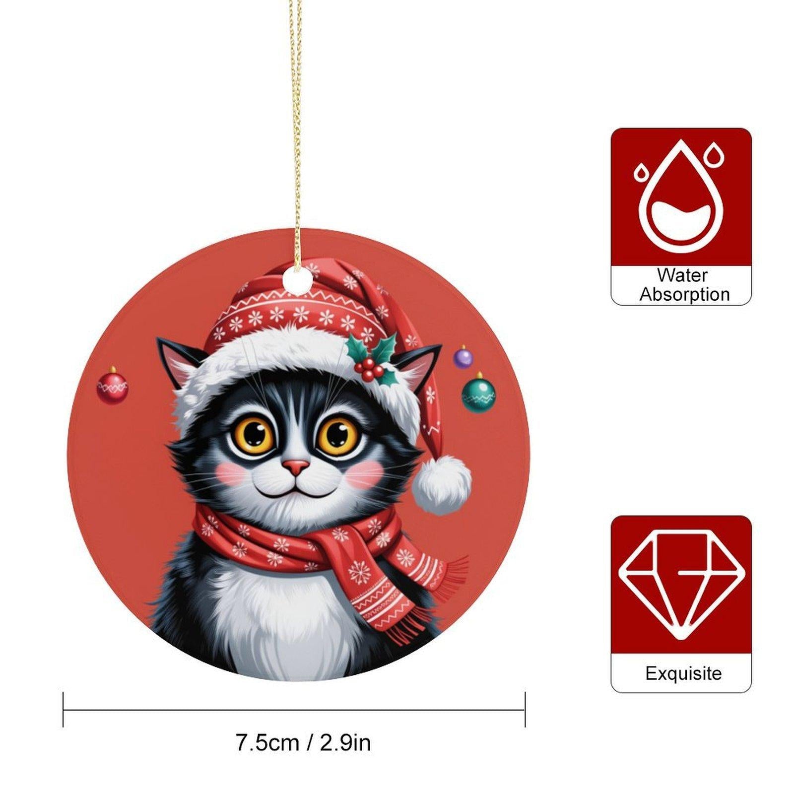 Christmas Cat with Santa Hat & Scarf Ceramic Ornament - Reusable Holiday Decor | Cute Kitty Pendant for /Home/Car/Bags | Ideal Cat Lover Christmas Gift Camping Picnic Chair and Blanket Set Mug Straw