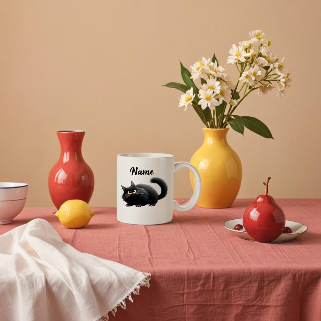 Personalized White Coffee Mug with Black Cat & Custom Name Print Ceramic Reusable Washable Tumbler for Kitchen Office Unique Gift Idea Drinkware Cup Camping Picnic Chair and Blanket SetCoffee Mug Christmas Tree Straw