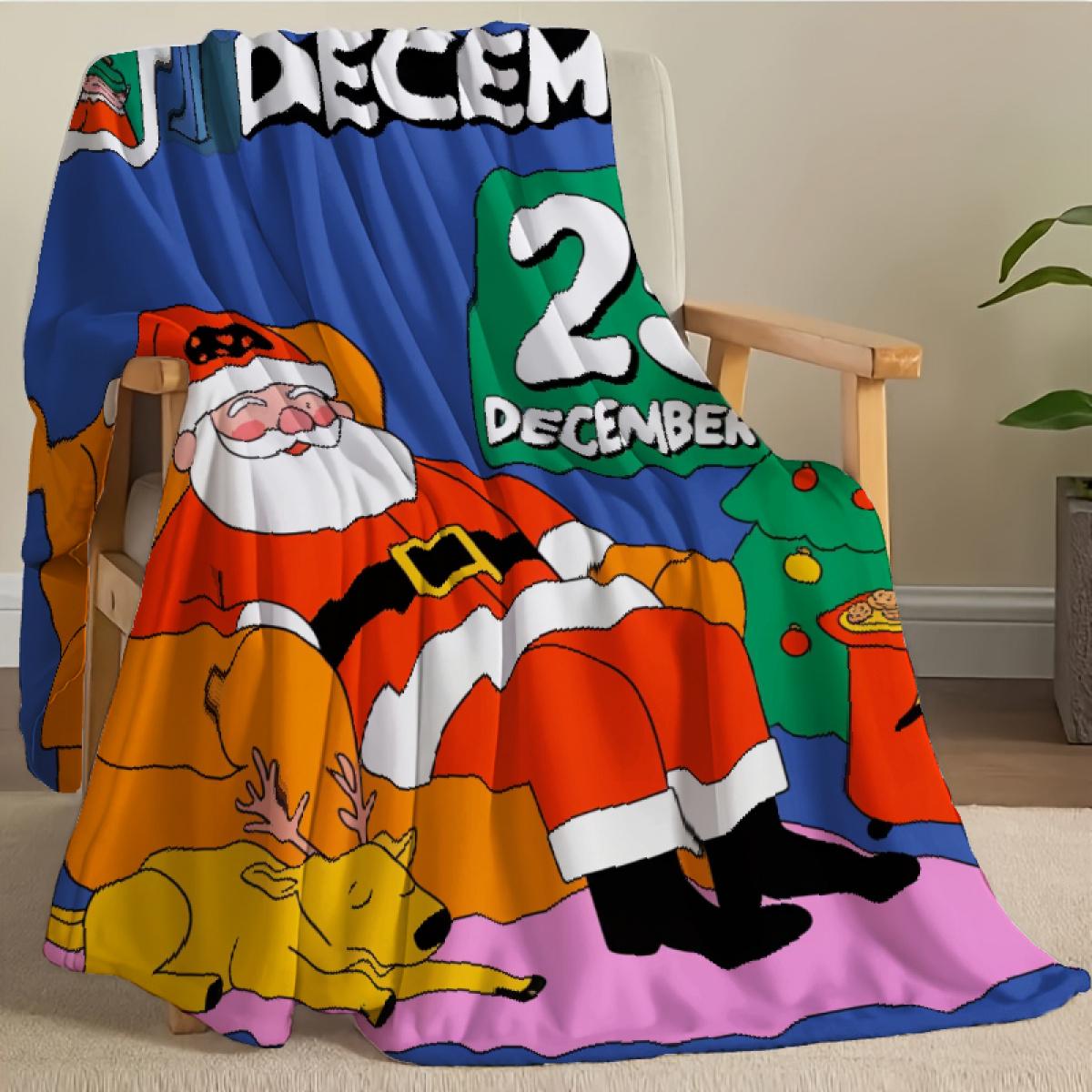 290g Flannel Blanket Christmas Throw Blue With Santa Claus & Tree Print December 25th Design For Holiday Cozy Home Decor Camping Picnic Chair and Set Ceramic Mug Straw