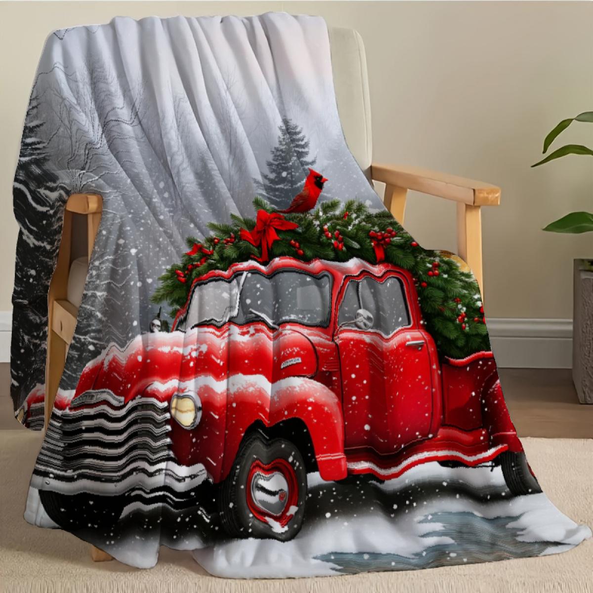 290g Flannel Blanket Christmas Throw Red Vintage Truck Snowy Forest Cardinals Print Cozy Winter Home Decor Holiday Gift Camping Picnic Chair and Set Tree Ceramic Mug with Straw