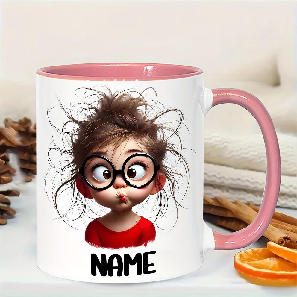 Personalized Funny Girl Face Mug with Glasses & Expressive Eyes 11oz Dishwasher Safe Ceramic Coffee Cup Custom Name Text Ideal Gift for Teens Birthdays Everyday Use Camping Picnic Chair and Blanket Set Christmas LidCoffee Mug Tree Straw