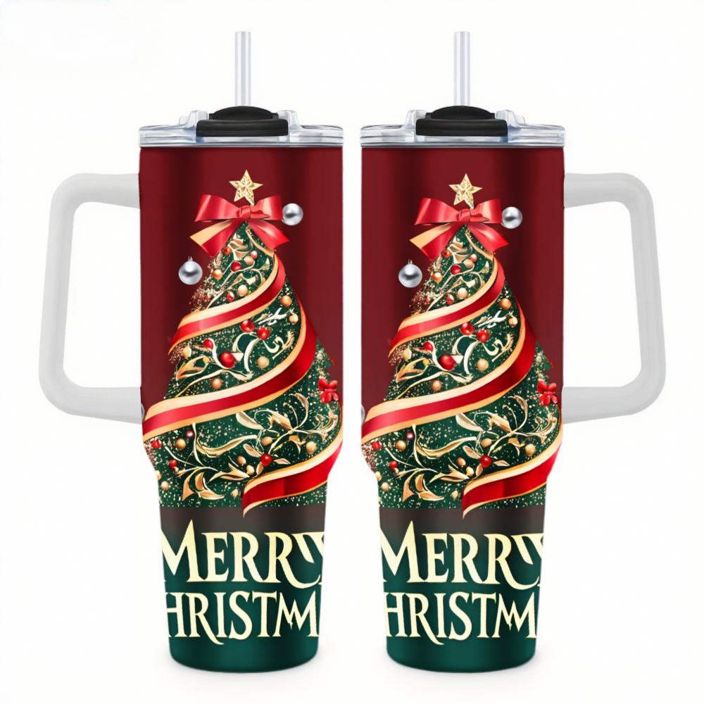 Christmas Tumbler Red 40oz With Christmas Tree & Merry Christmas Text 18/8 Stainless Steel Double Wall Insulated Holiday DrinkwareCar cup-thermal mug-customizable patterns Camping Picnic Chair and Blanket Setthermal mug Ceramic Mug Straw