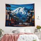 Wall Tapestry Blue Mount Fuji Japanese Street Scene With Snowy Mountain And Traditional Signs For Living Room Decor Cultural Charm Decorative Camping Picnic Chair Blanket Set Christmas Tree Ceramic Mug Straw artistic style