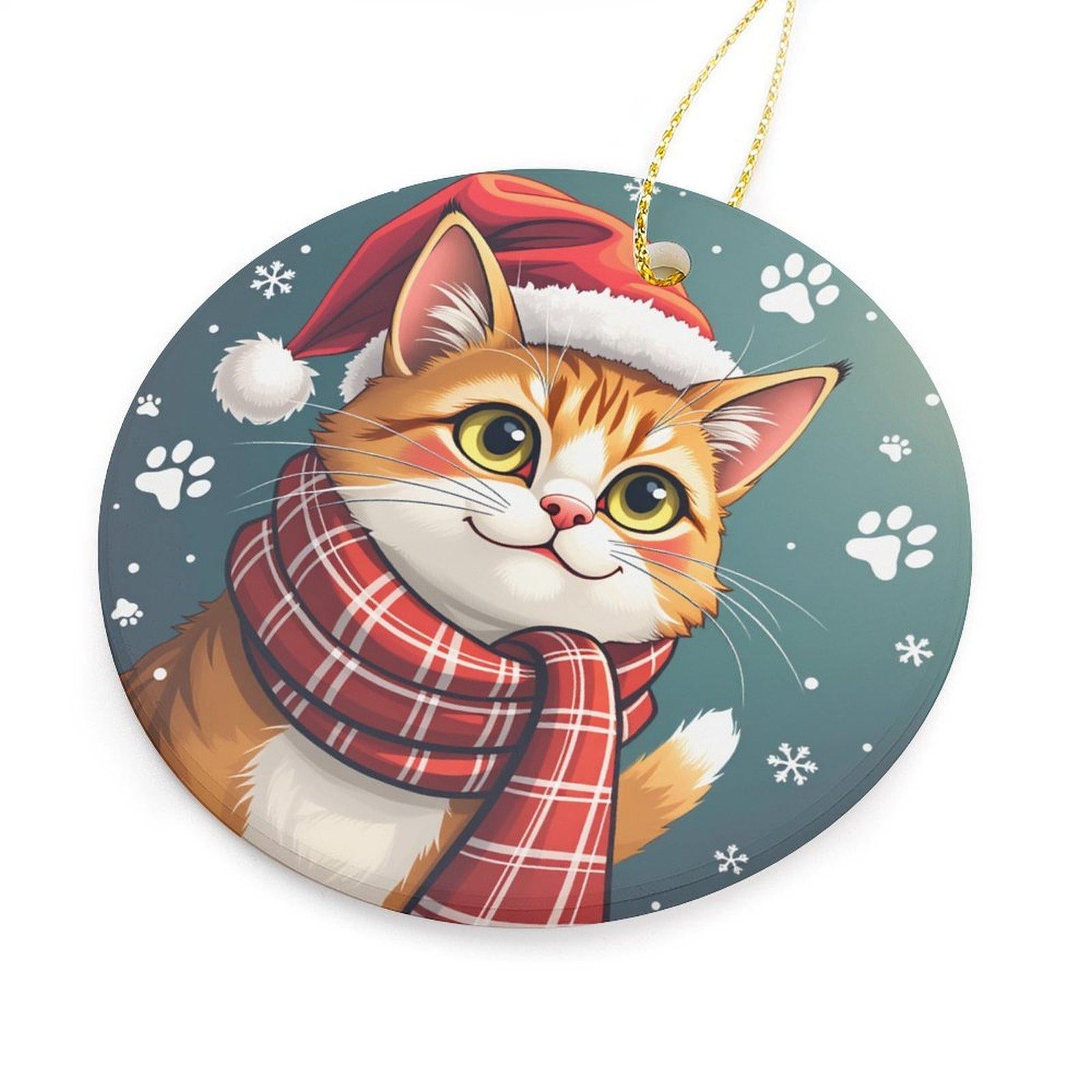 Santa Hat Cat Ornament - Ceramic Pendant