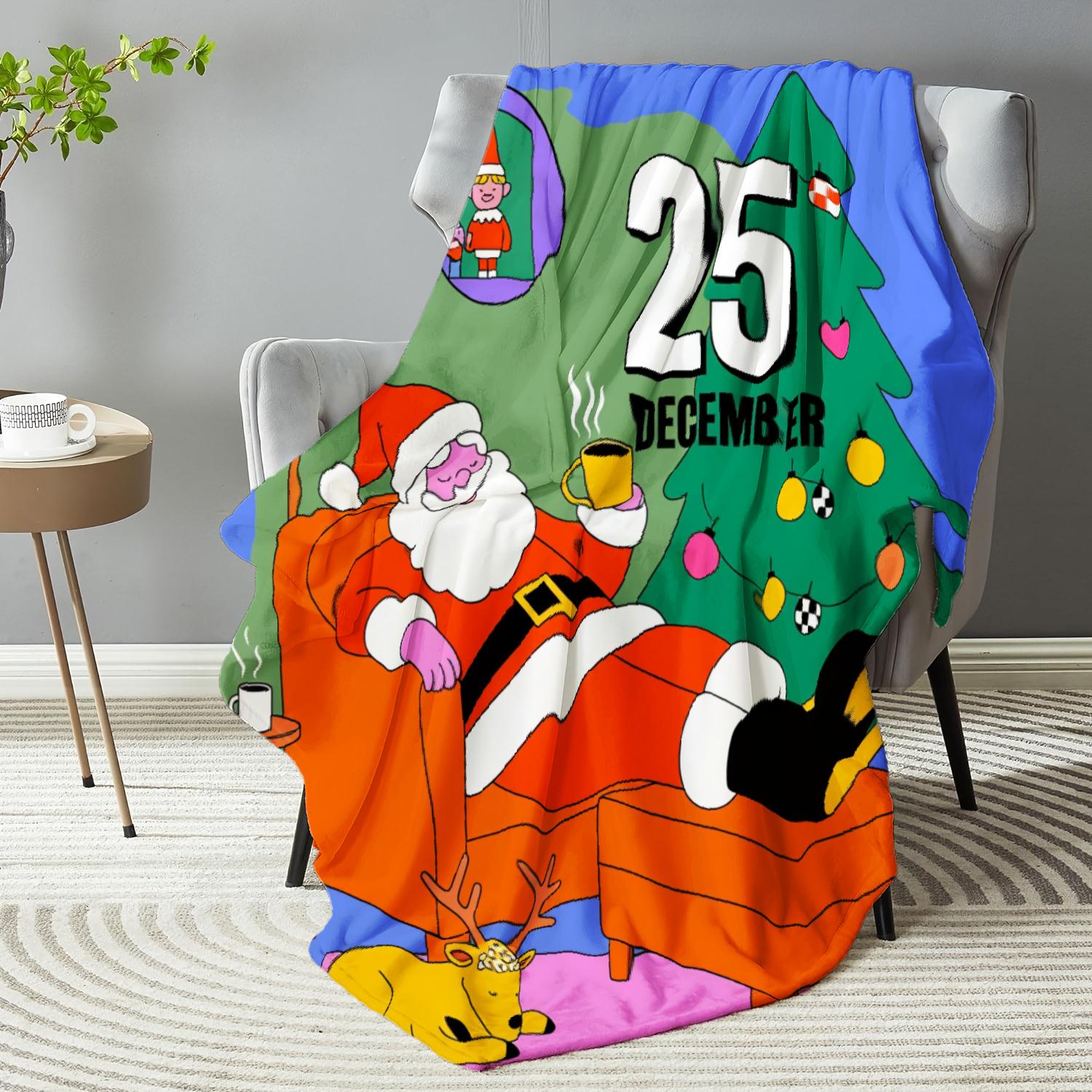 Christmas Throw Blanket Multicolor Santa Claus With Coffee And Christmas Tree 25 December Design For Holiday Home Decor And Cozy Relaxation Camping Picnic Chair Set Ceramic Mug Straw