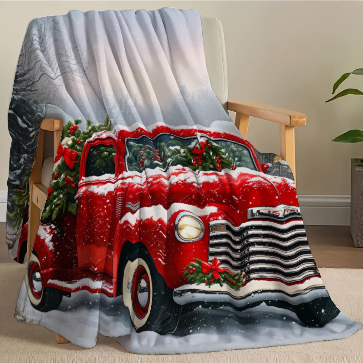 Christmas Throw Blanket Red Vintage Truck Snowy Winter Scene With Christmas Tree And Gifts Cozy Living Room Bedroom Decor Camping Picnic Chair Set Ceramic Mug Straw