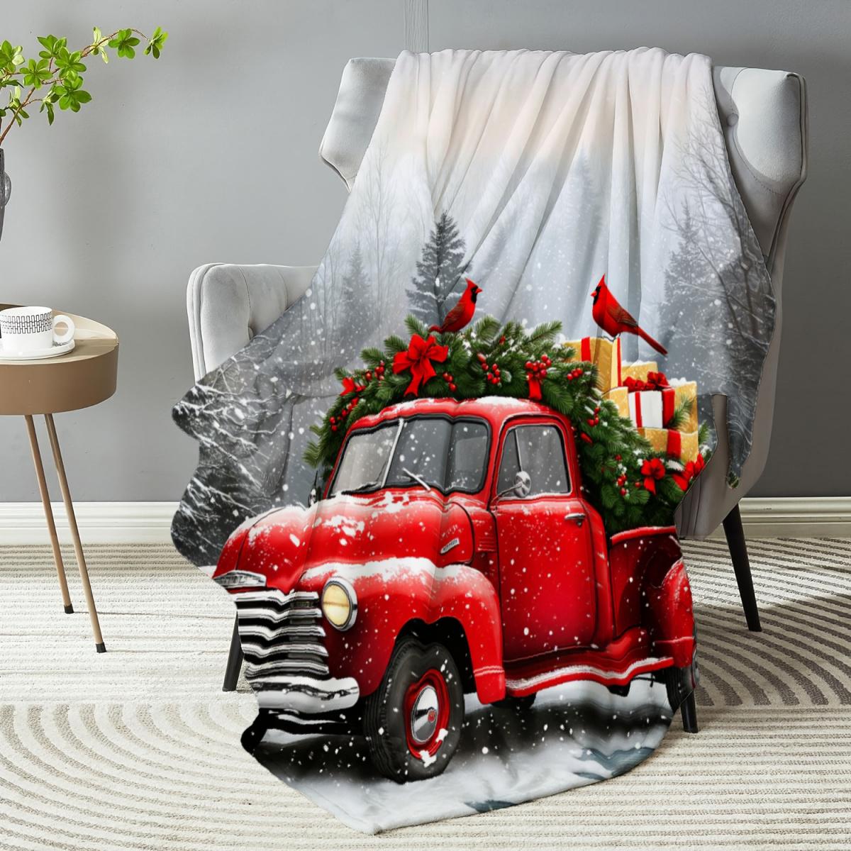 290g Flannel Blanket Christmas Throw Red Vintage Truck Snowy Forest Cardinals Print Cozy Winter Home Decor Holiday Gift Camping Picnic Chair and Set Tree Ceramic Mug with Straw