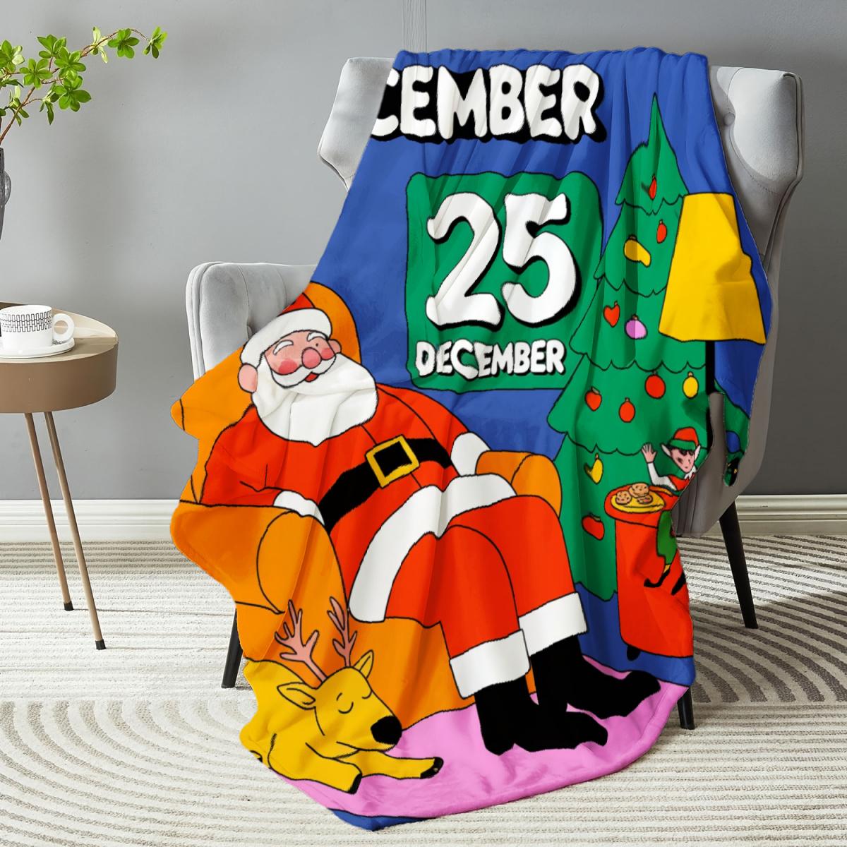 290g Flannel Blanket Christmas Throw Blue With Santa Claus & Tree Print December 25th Design For Holiday Cozy Home Decor Camping Picnic Chair and Set Ceramic Mug Straw