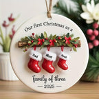 Personalized Family of Three 2025 Ceramic Christmas Ornament - Custom New First Christmas Keepsake with Names (Mom, Dad,) - Footprint Option - Durable Hanging Decoration for & Tree Camping Picnic Chair and Blanket Set Coffee Mug Lid Straw