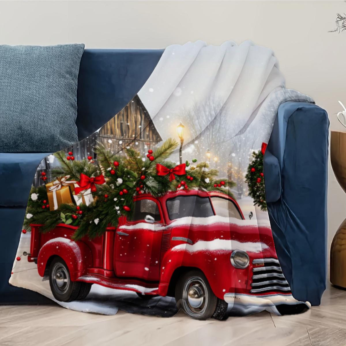290g Flannel Christmas Throw Blanket Red Vintage Truck With Snow & Holiday Decorations For Cozy Living Room Or Bedroom Use Festive Design Camping Picnic Chair and Set Tree Ceramic Mug Straw