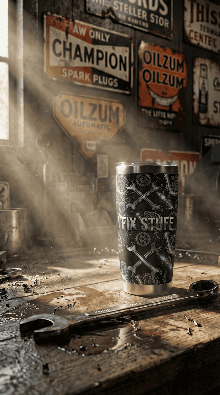 Faux Laser Engraved Mechanic Tumbler - 20/30/40oz Stainless Steel Travel Mug - "Diesel Power" Industrial Design - Rugged Gift for Men