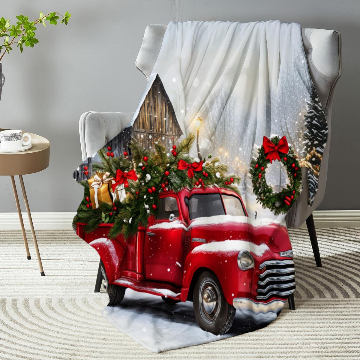 290g Flannel Christmas Throw Blanket Red Vintage Truck With Snow & Holiday Decorations For Cozy Living Room Or Bedroom Use Festive Design Camping Picnic Chair and Set Tree Ceramic Mug Straw