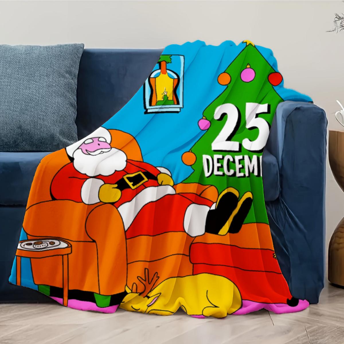 290g flannel blanket ‌   Christmas Throw Blanket Blue With Santa Claus Sleeping On Sofa Christmas Tree And 25 December Text For Home Decor And Holiday Season Camping Picnic Chair Set Ceramic Mug Straw