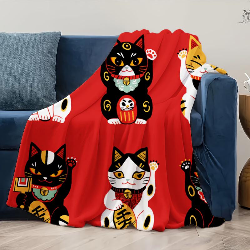 Red Zhaocai Cat Print Flannel Blanket Reversible All-Season Soft Warm Throw for Sofa Bed Nap Machine Washable Multi-Size Cozy Home Decor with Playful Feline Design Contemporary Style Plush Texture Camping Picnic Chair and Set Ceramic Christmas Coffee Mug