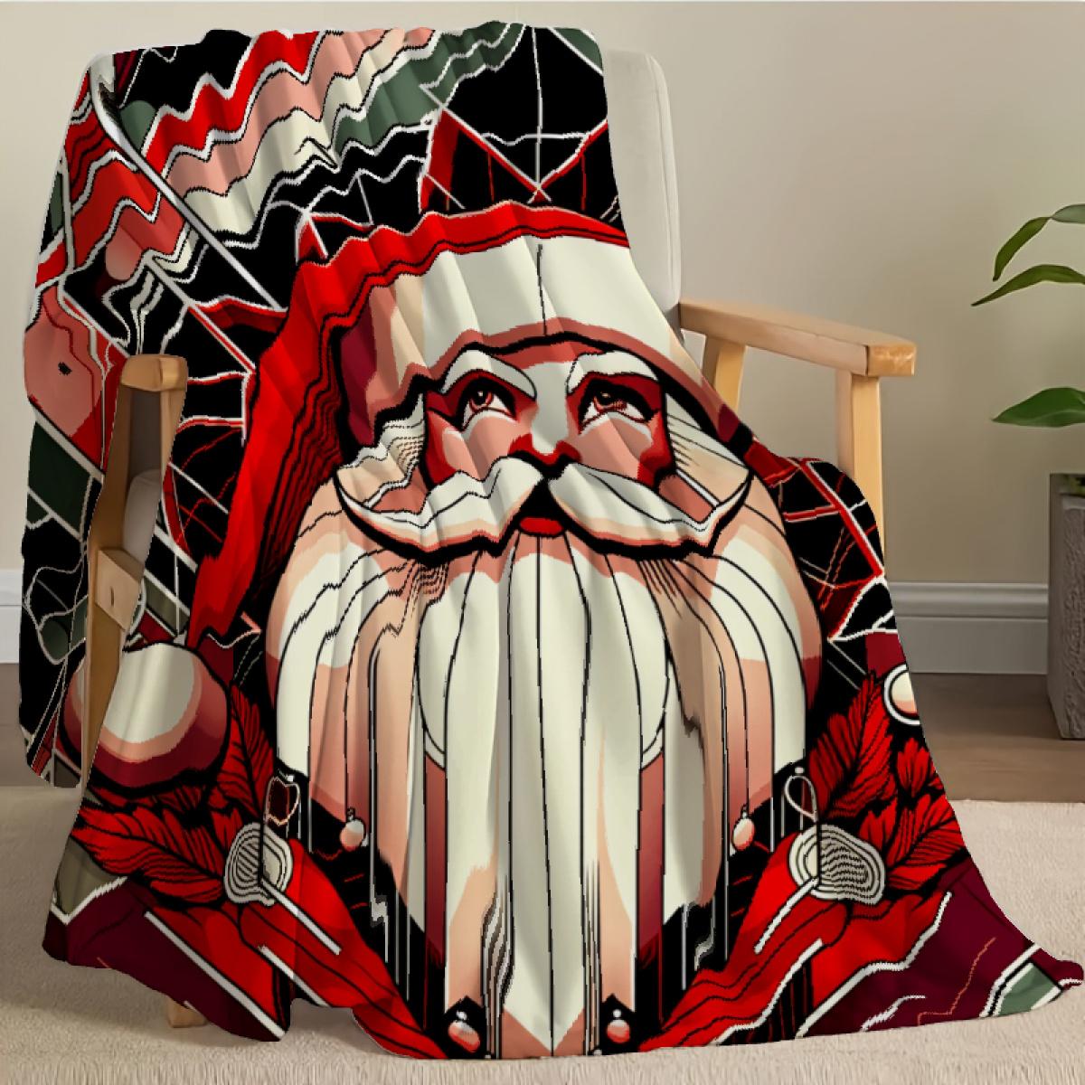 290g Flannel Blanket Christmas Throw Blanket Red And Black Santa Claus Art Print For Home Decor And Cozy Winter Nights Camping Picnic Chair Set Tree Ceramic Mug with Straw