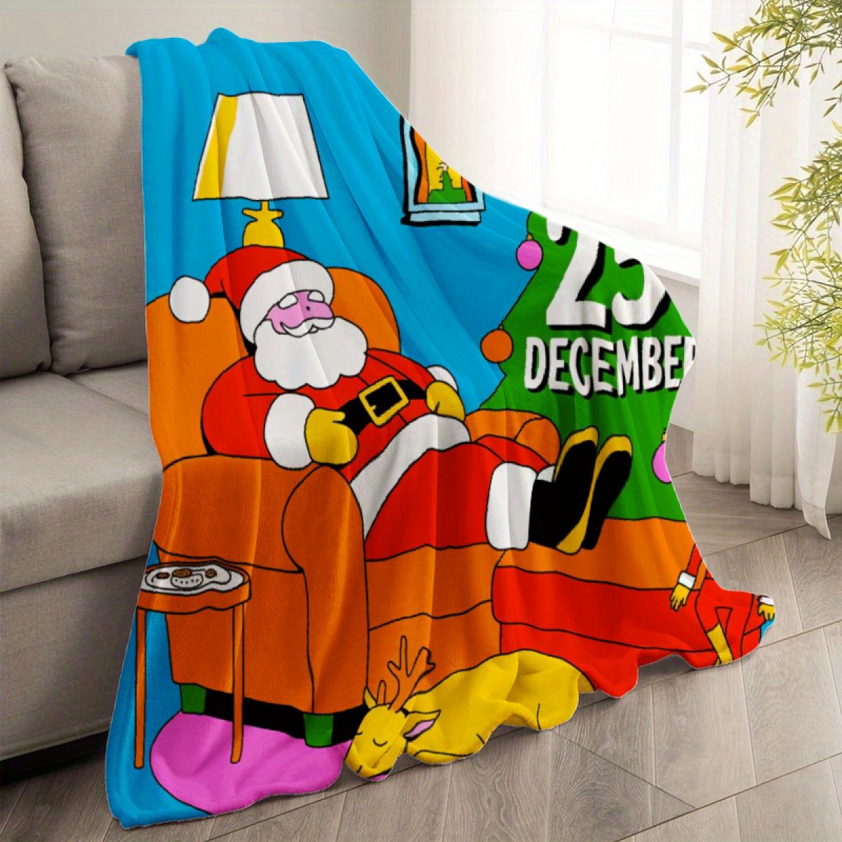 290g flannel blanket ‌   Christmas Throw Blanket Blue With Santa Claus Sleeping On Sofa Christmas Tree And 25 December Text For Home Decor And Holiday Season Camping Picnic Chair Set Ceramic Mug Straw