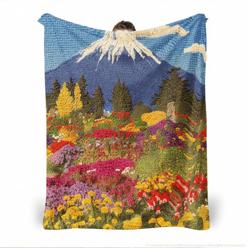 290g Flannel Customizable Flower Garden Throw Blanket Blue with Mountain and Flower Field Print for Cozy Home Decor and Outdoor Relaxation Camping Picnic Chair Set Christmas Tree Ceramic Mug Straw artistic style