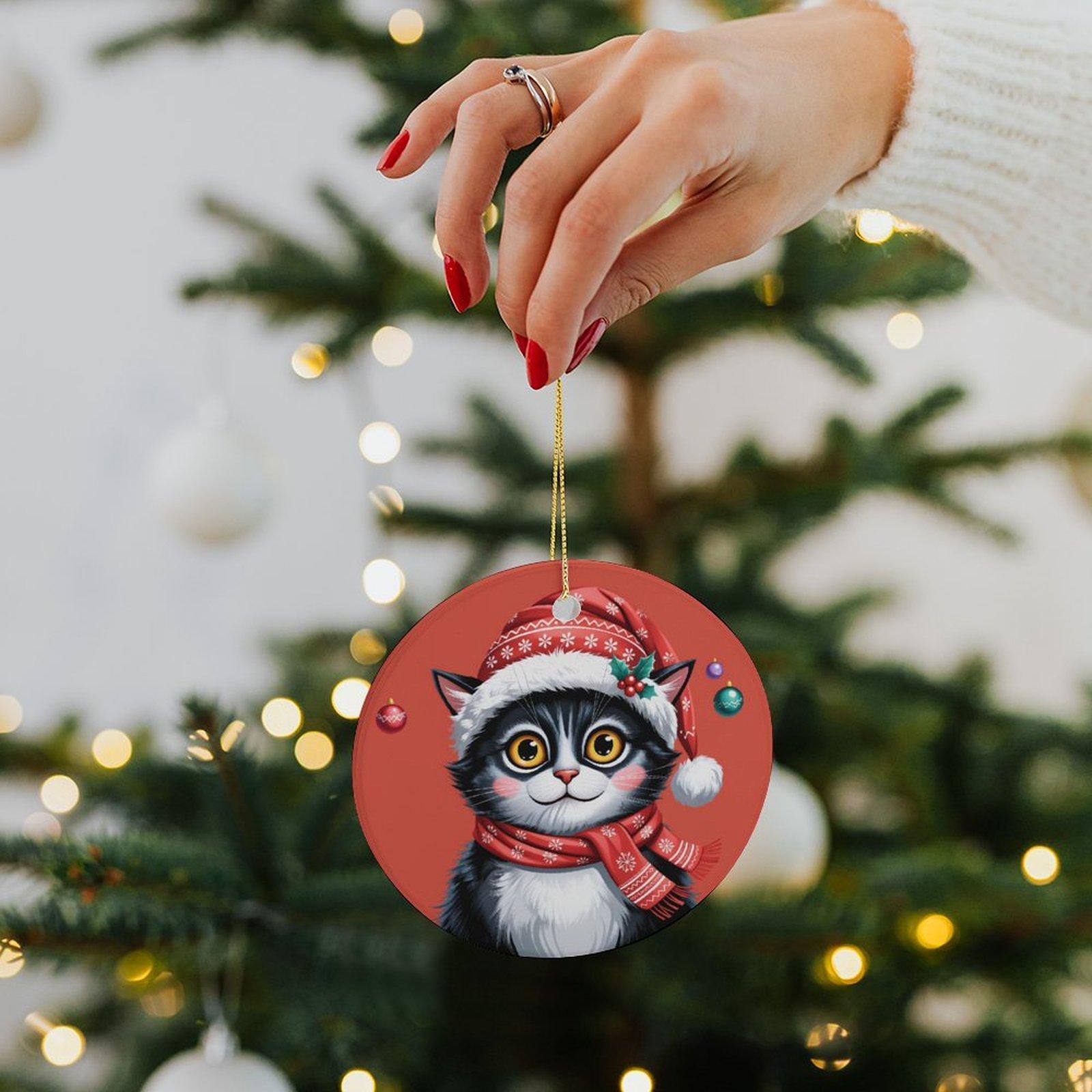 Christmas Cat with Santa Hat & Scarf Ceramic Ornament - Reusable Holiday Decor | Cute Kitty Pendant for /Home/Car/Bags | Ideal Cat Lover Christmas Gift Camping Picnic Chair and Blanket Set Mug Straw