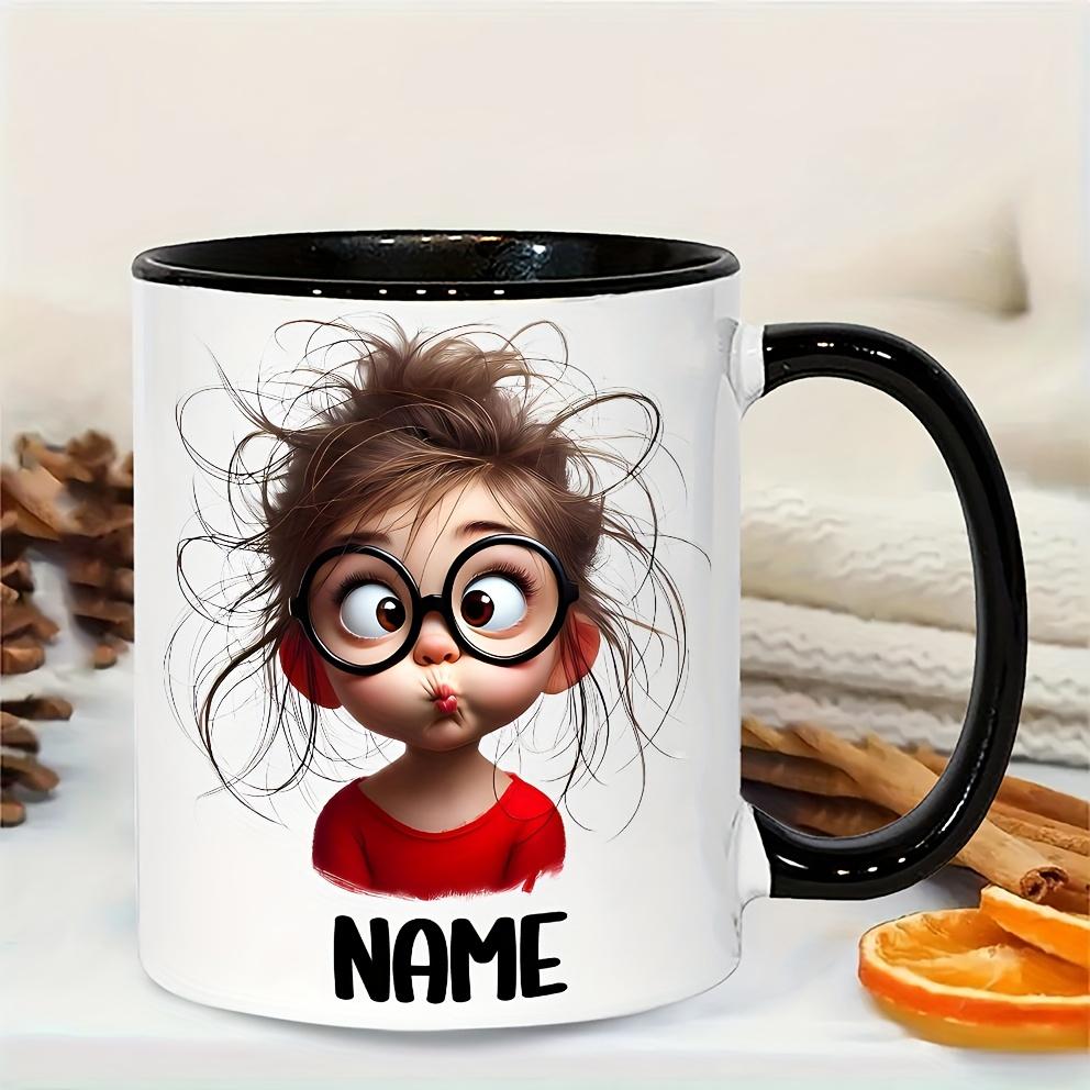 Personalized Funny Girl Face Mug with Glasses & Expressive Eyes 11oz Dishwasher Safe Ceramic Coffee Cup Custom Name Text Ideal Gift for Teens Birthdays Everyday Use Camping Picnic Chair and Blanket Set Christmas LidCoffee Mug Tree Straw