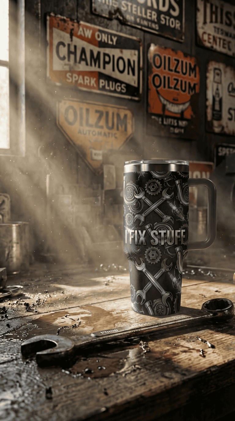 Faux Laser Engraved Mechanic Tumbler - 20/30/40oz Stainless Steel Travel Mug - "Diesel Power" Industrial Design - Rugged Gift for Men