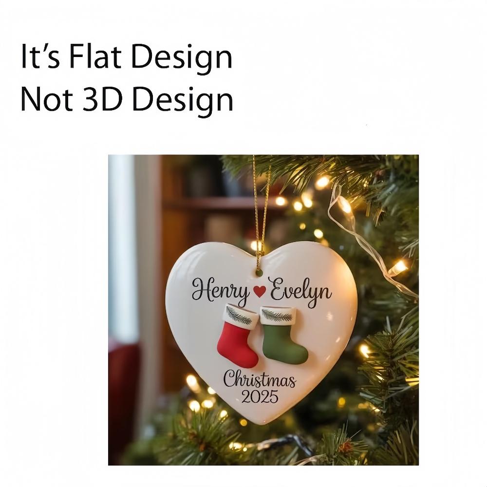 2025 Personalized Couple Christmas Ornament - Custom Name & Date Keepsake Ornament with Red & Green Stockings, Heart-Shaped Ceramic Decoration for Newlyweds, Engagement Anniversary Gift, Holiday Tree Decoration, Christmas Decorations Camping Picnic Chair