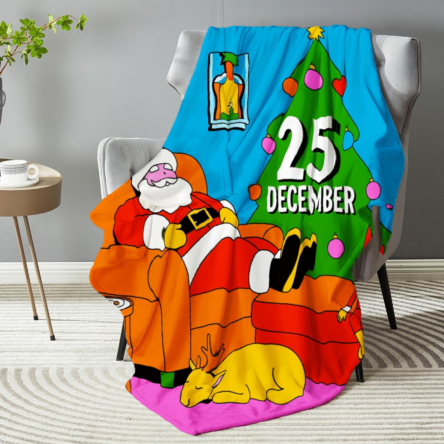 290g flannel blanket ‌   Christmas Throw Blanket Blue With Santa Claus Sleeping On Sofa Christmas Tree And 25 December Text For Home Decor And Holiday Season Camping Picnic Chair Set Ceramic Mug Straw