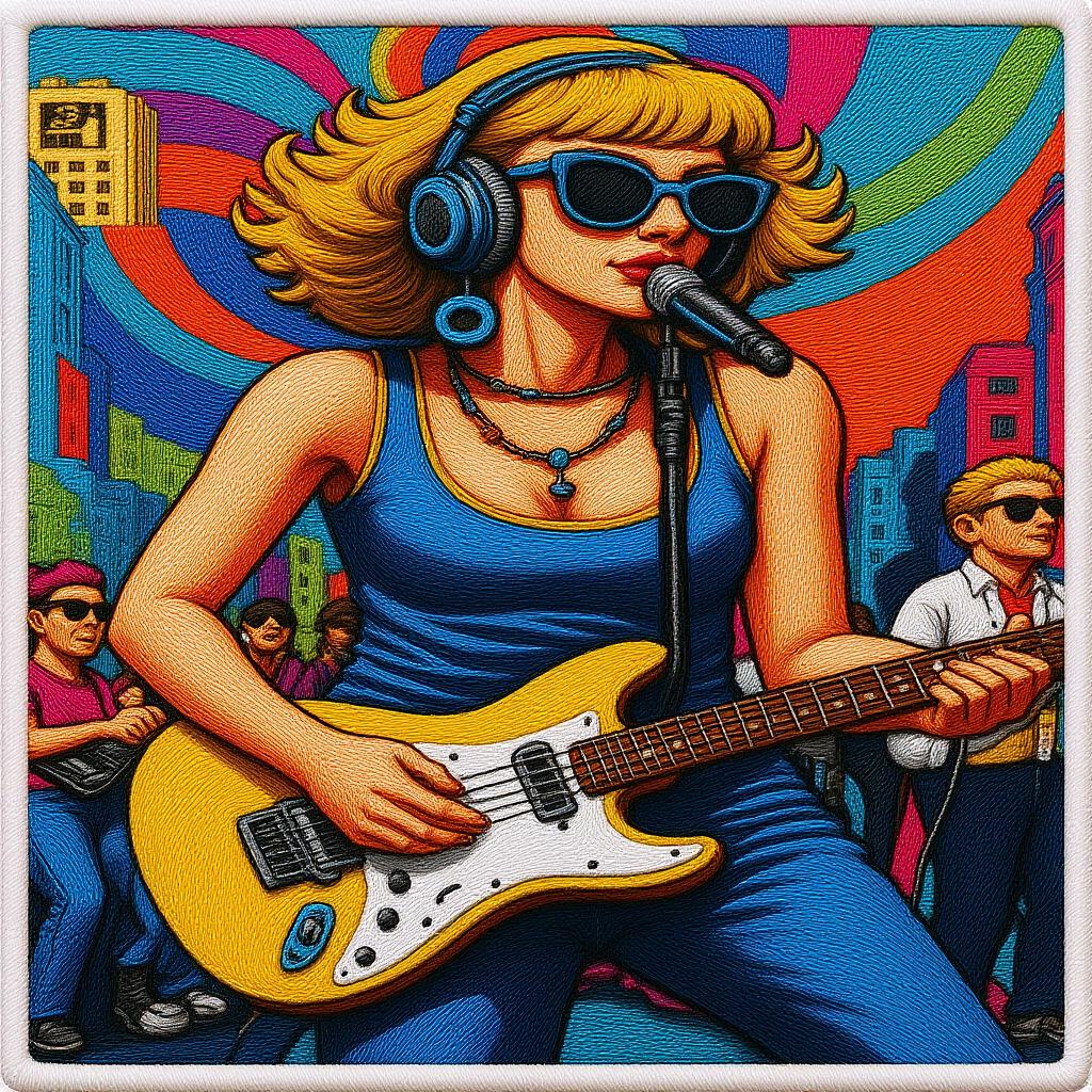 Wall Tapestry Blue Woman Playing Guitar With Microphone Urban Background For Living Room Bedroom Decor Artistic Element Camping Picnic Chair and Blanket Set Christmas Tree Ceramic Mug Straw artistic style