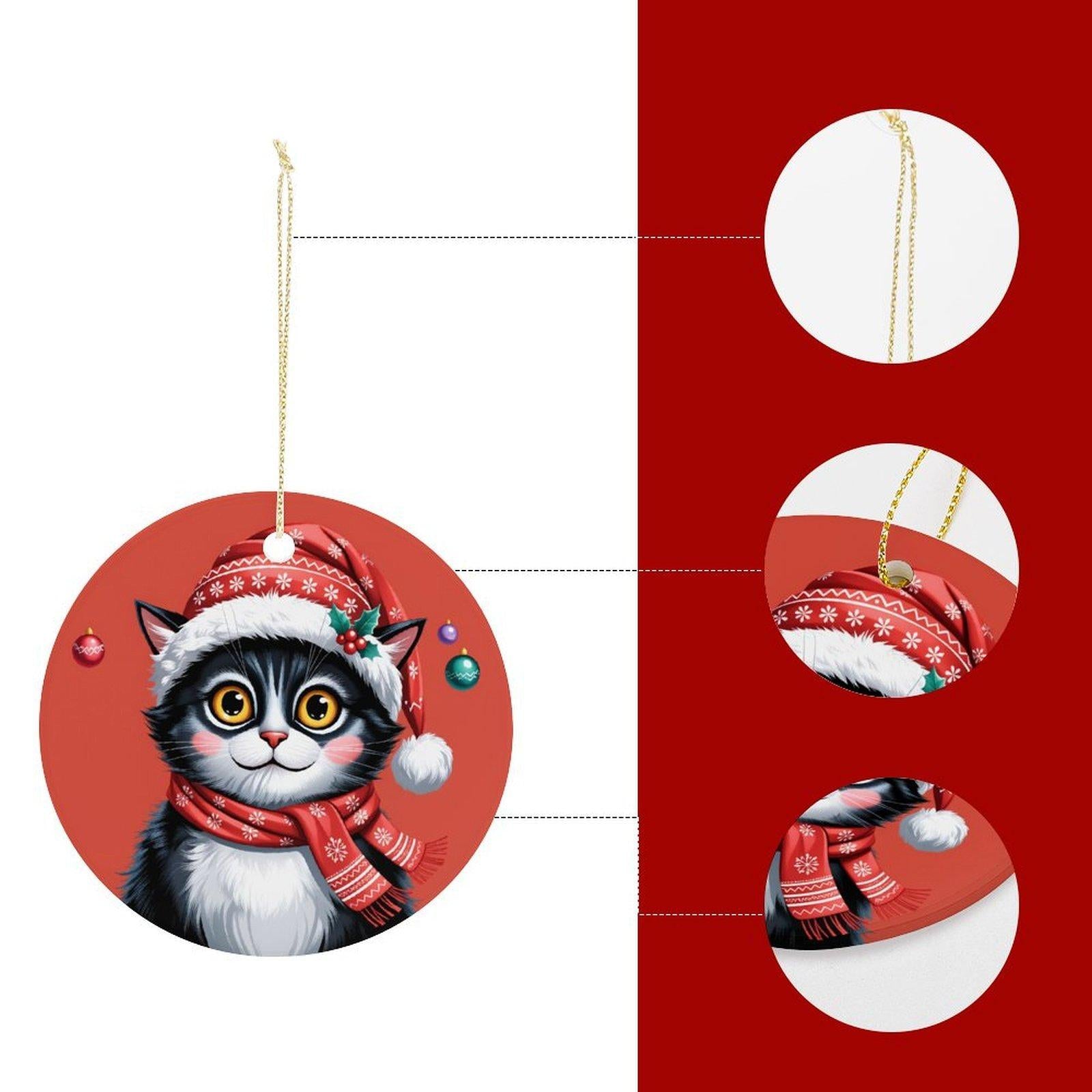 Christmas Cat with Santa Hat & Scarf Ceramic Ornament - Reusable Holiday Decor | Cute Kitty Pendant for /Home/Car/Bags | Ideal Cat Lover Christmas Gift Camping Picnic Chair and Blanket Set Mug Straw