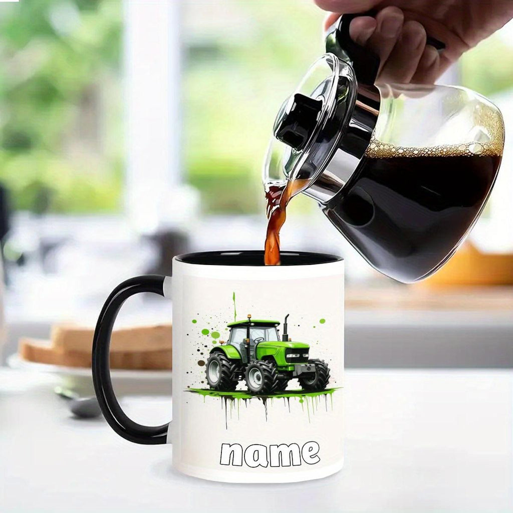 Customized Name Cute Durable 11oz Ceramic Mug with Cartoon Tractor Design for Hot & Cold Drinks Perfect Gift for Birthdays Christmas New Year Camping Picnic Chair and Blanket Set Coffee LidCoffee Mug Tree Straw