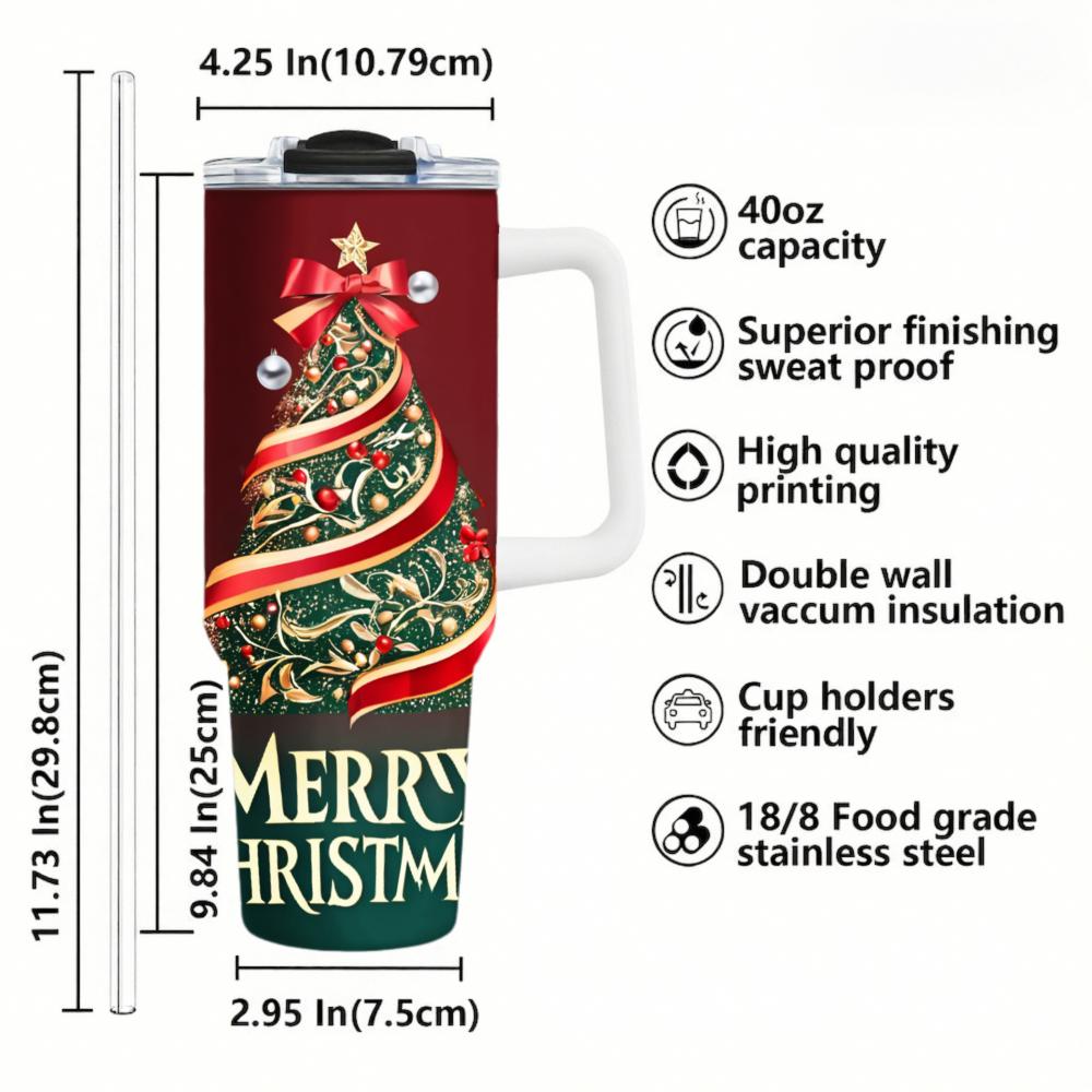 Christmas Tumbler Red 40oz With Christmas Tree & Merry Christmas Text 18/8 Stainless Steel Double Wall Insulated Holiday DrinkwareCar cup-thermal mug-customizable patterns Camping Picnic Chair and Blanket Setthermal mug Ceramic Mug Straw