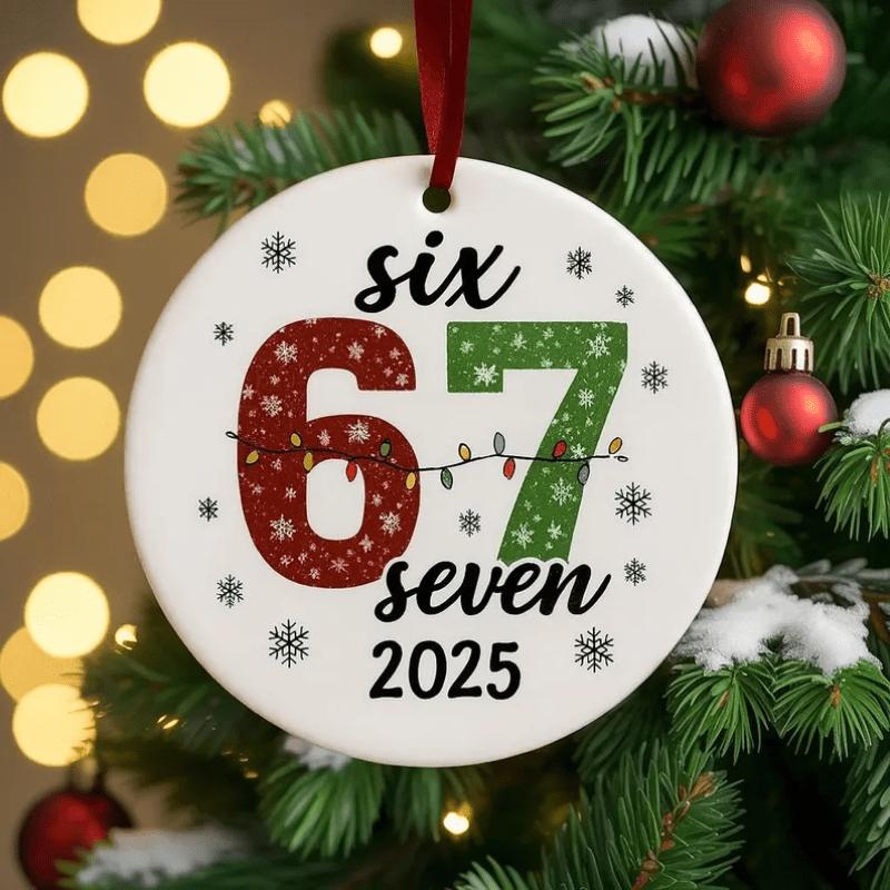 2025 Year-Specific Six Seven 67 Ceramic Ornament - Number 67 Numbered Keepsake for Gen Z, Durable 3.1" White & Red/Black/Green Bohemian-Style Number 67 Decor with Ribbon, & Christmas Tree Gift for & Camping Picnic Chair and Blanket Set Coffee Mug Lid Stra
