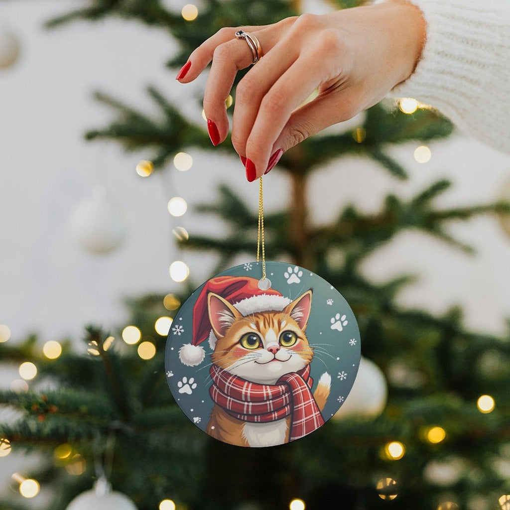 Santa Hat Cat Ornament - Ceramic Pendant