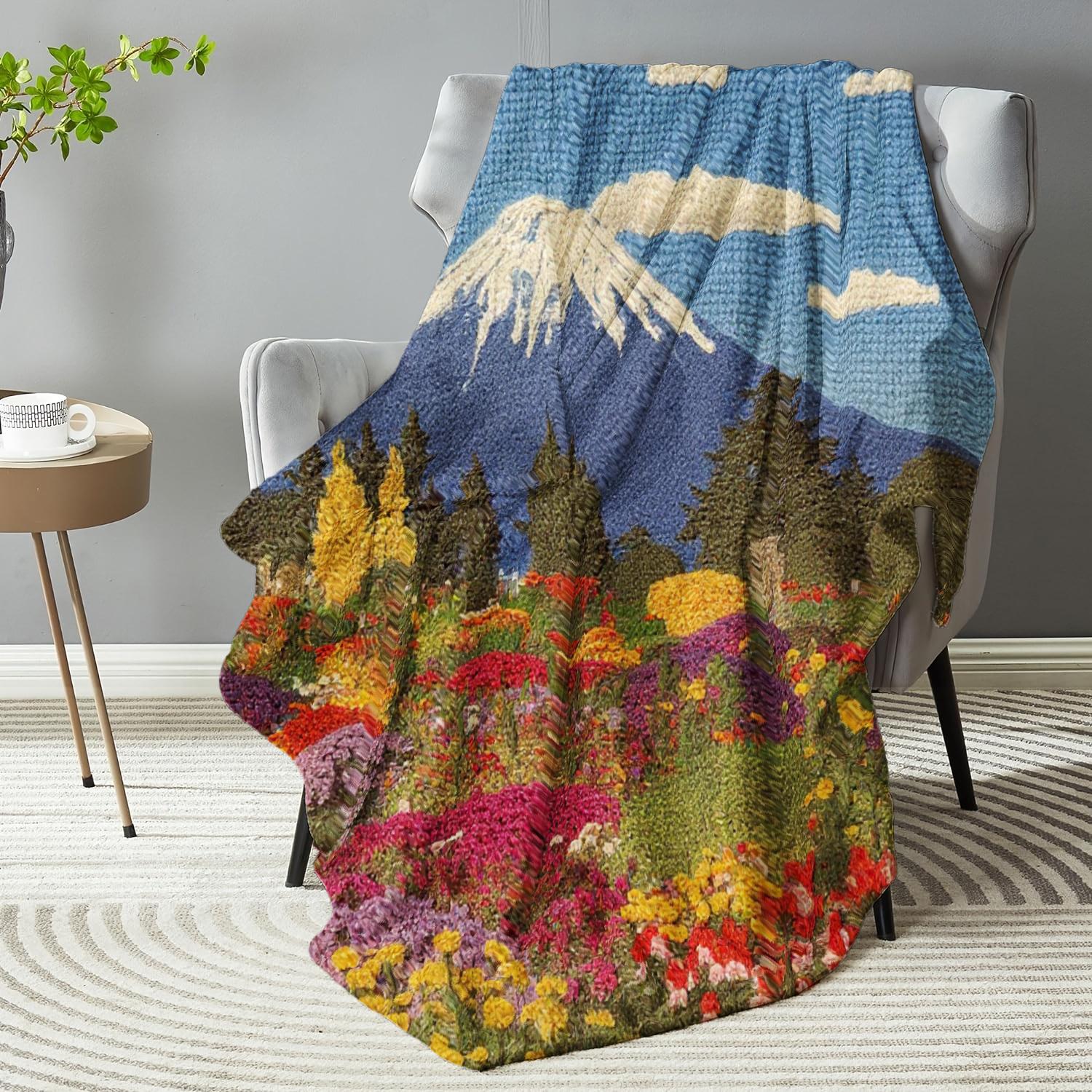 290g Flannel Customizable Flower Garden Throw Blanket Blue with Mountain and Flower Field Print for Cozy Home Decor and Outdoor Relaxation Camping Picnic Chair Set Christmas Tree Ceramic Mug Straw artistic style