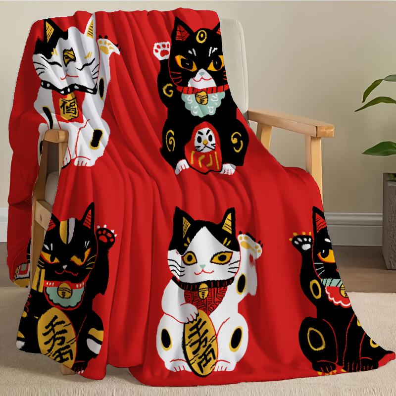 Lucky Cat Blanket - Soft Red Flannel