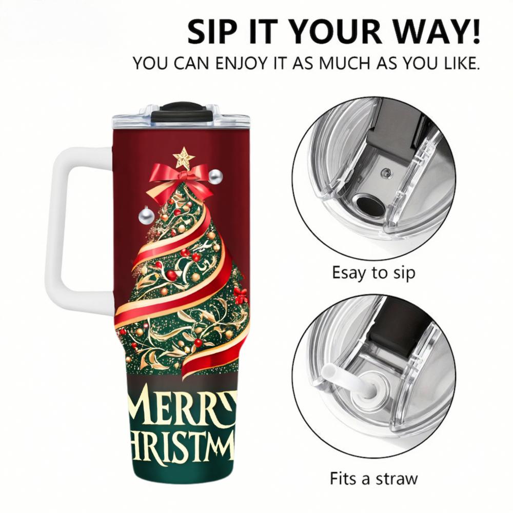 Christmas Tumbler Red 40oz With Christmas Tree & Merry Christmas Text 18/8 Stainless Steel Double Wall Insulated Holiday DrinkwareCar cup-thermal mug-customizable patterns Camping Picnic Chair and Blanket Setthermal mug Ceramic Mug Straw