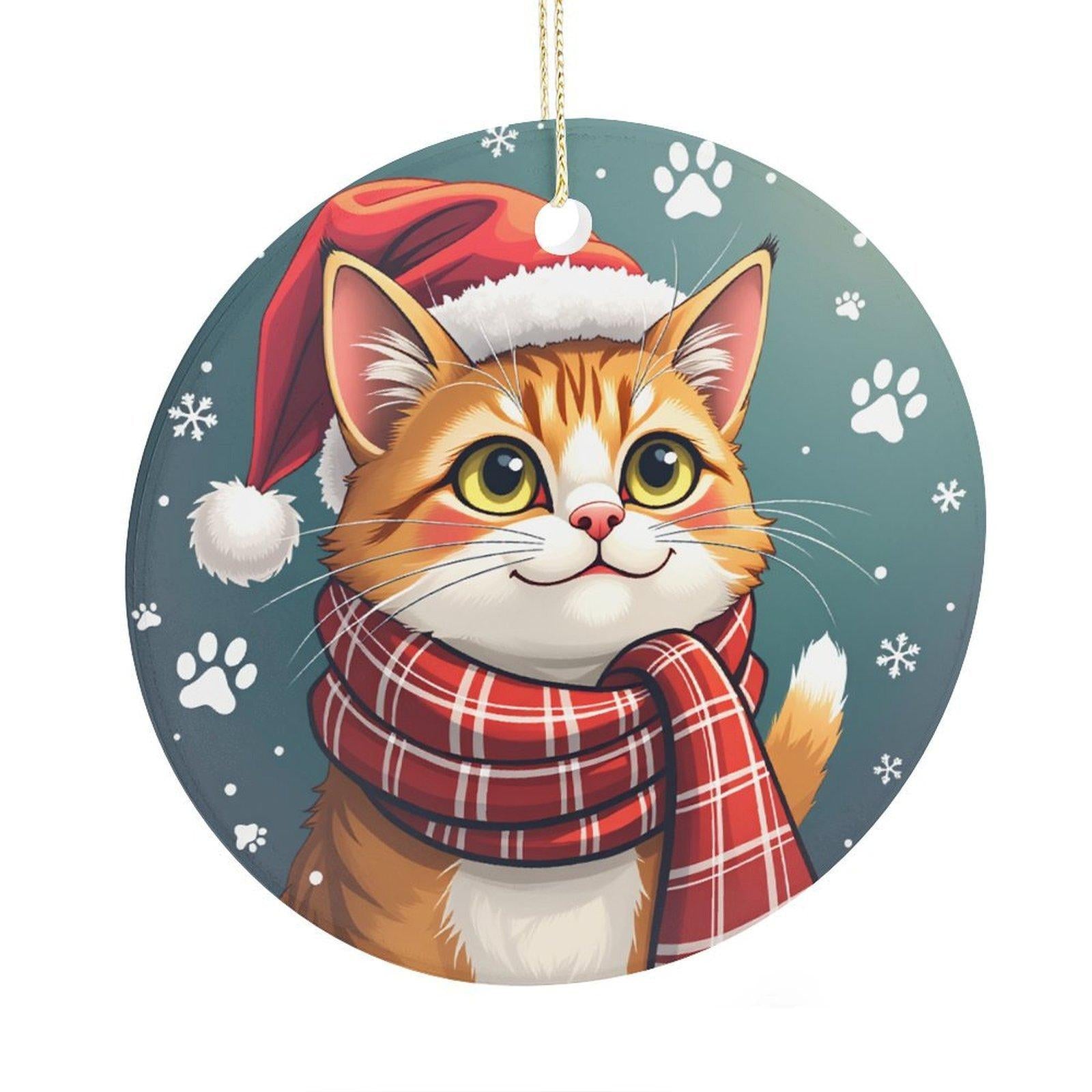 Santa Hat Cat Ornament - Ceramic Pendant