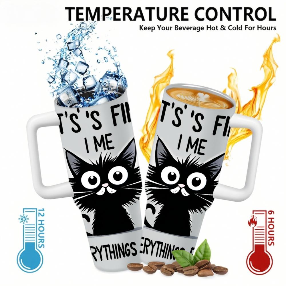 Stainless Steel Tumbler With Handle Silver Black Cat 40oz Thermal Mug Customizable Pattern For Coffee Tea Outdoor Use 18/8 Food Grade Insulated Cup