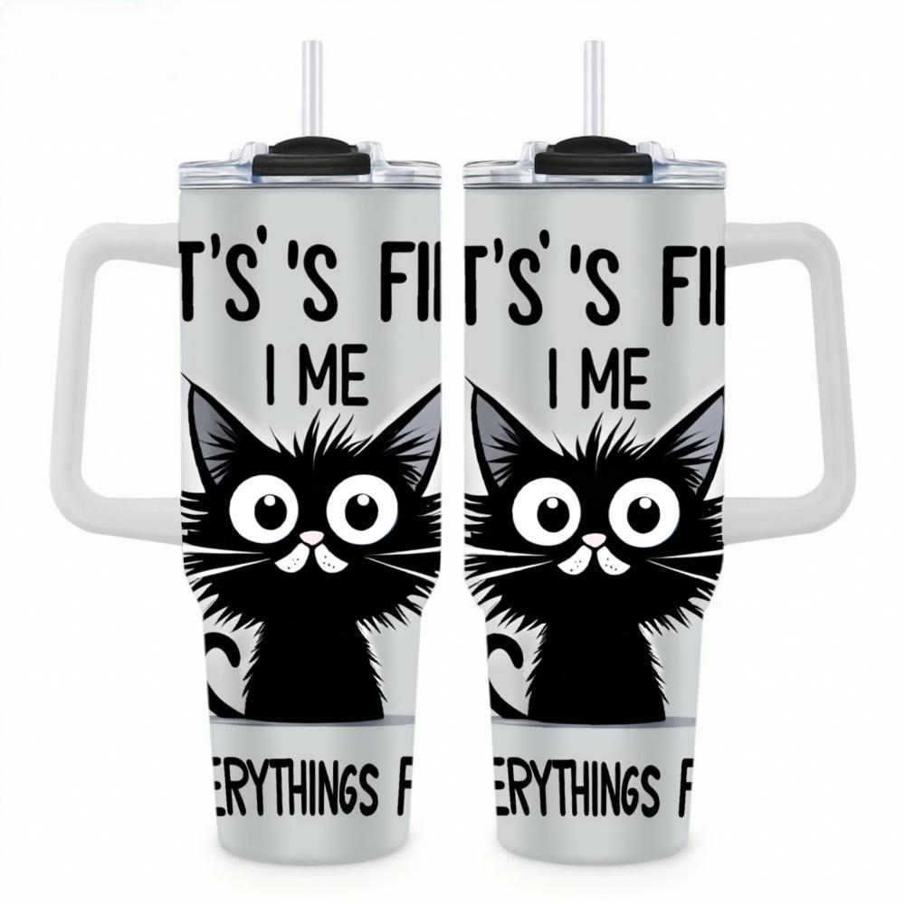Stainless Steel Tumbler With Handle Silver Black Cat 40oz Thermal Mug Customizable Pattern For Coffee Tea Outdoor Use 18/8 Food Grade Insulated Cup