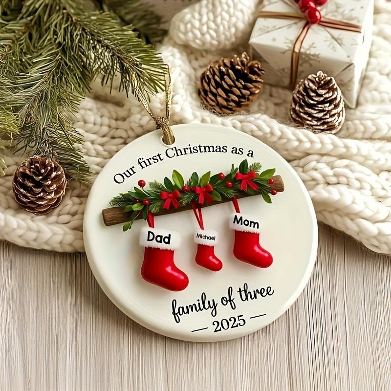 Personalized Family of Three 2025 Ceramic Christmas Ornament - Custom New First Christmas Keepsake with Names (Mom, Dad,) - Footprint Option - Durable Hanging Decoration for & Tree Camping Picnic Chair and Blanket Set Coffee Mug Lid Straw