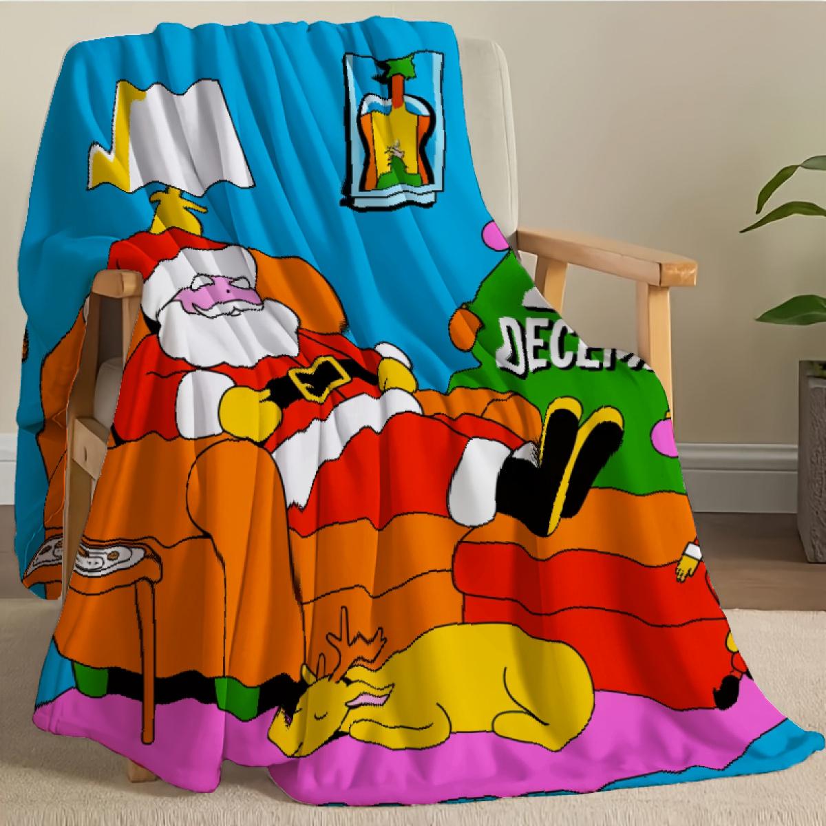 290g flannel blanket ‌   Christmas Throw Blanket Blue With Santa Claus Sleeping On Sofa Christmas Tree And 25 December Text For Home Decor And Holiday Season Camping Picnic Chair Set Ceramic Mug Straw