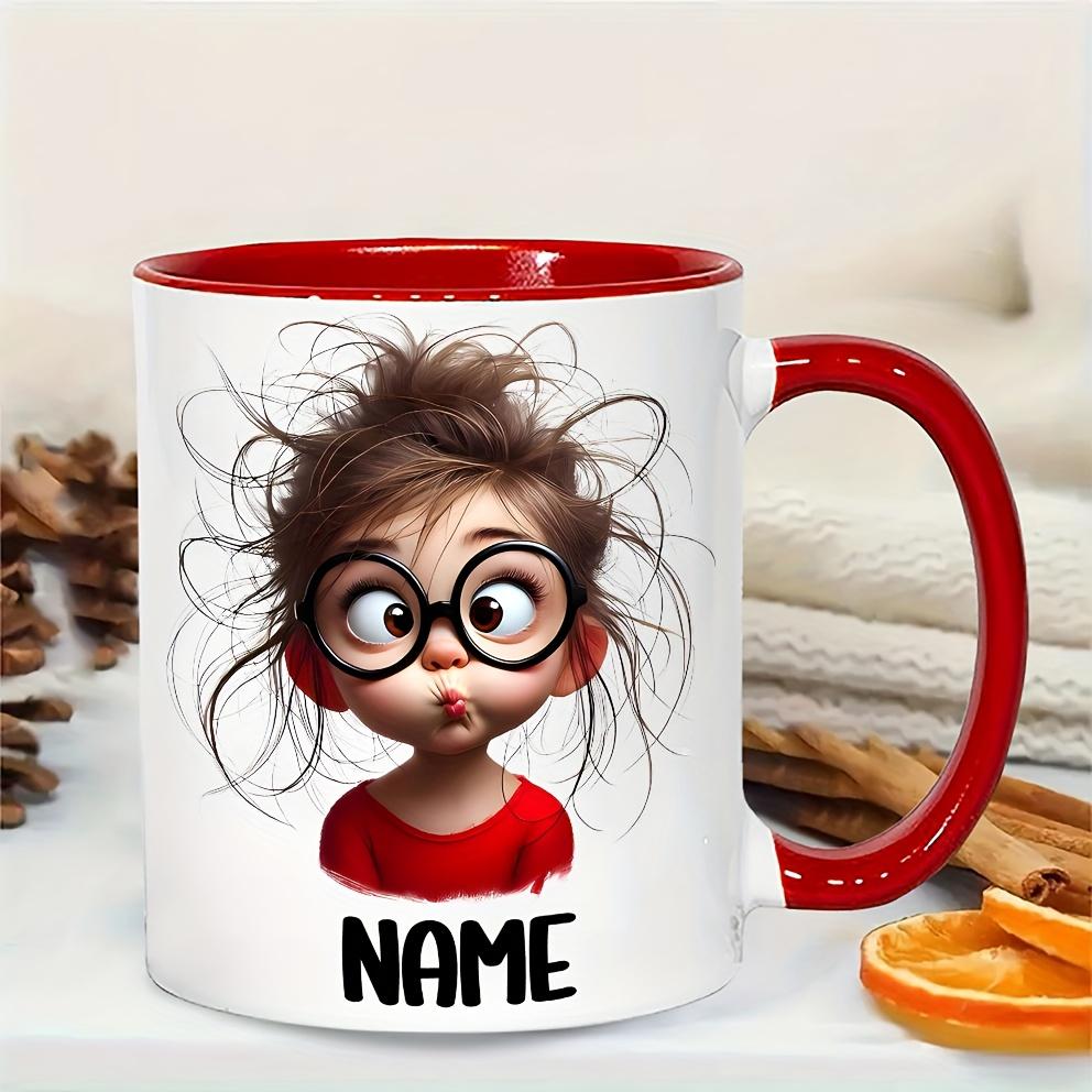 Personalized Funny Girl Face Mug with Glasses & Expressive Eyes 11oz Dishwasher Safe Ceramic Coffee Cup Custom Name Text Ideal Gift for Teens Birthdays Everyday Use Camping Picnic Chair and Blanket Set Christmas LidCoffee Mug Tree Straw