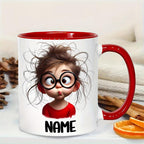 Personalized Funny Girl Face Mug with Glasses & Expressive Eyes 11oz Dishwasher Safe Ceramic Coffee Cup Custom Name Text Ideal Gift for Teens Birthdays Everyday Use Camping Picnic Chair and Blanket Set Christmas LidCoffee Mug Tree Straw