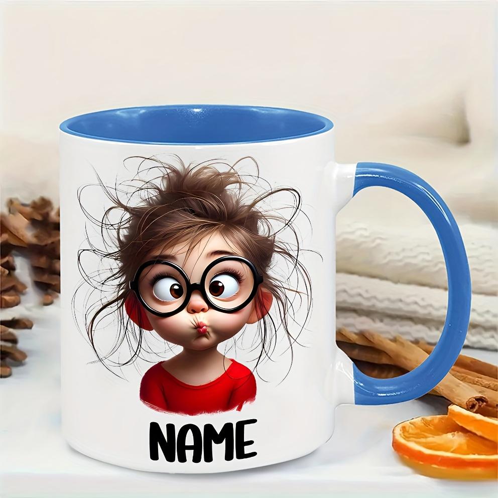 Personalized Funny Girl Face Mug with Glasses & Expressive Eyes 11oz Dishwasher Safe Ceramic Coffee Cup Custom Name Text Ideal Gift for Teens Birthdays Everyday Use Camping Picnic Chair and Blanket Set Christmas LidCoffee Mug Tree Straw