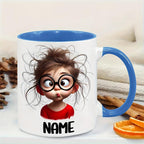Personalized Funny Girl Face Mug with Glasses & Expressive Eyes 11oz Dishwasher Safe Ceramic Coffee Cup Custom Name Text Ideal Gift for Teens Birthdays Everyday Use Camping Picnic Chair and Blanket Set Christmas LidCoffee Mug Tree Straw