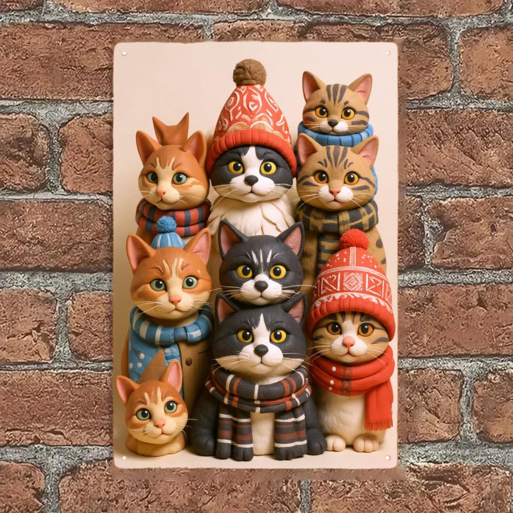 1pcs Iron sheet painting Cat Family Wall Art Decor Winter Hats And Scarves Pattern For Home Indoor Decoration Adorable Feline Fashions Cozy Touch Playful Whimsical Addition Camping Picnic Chair Blanket Set Christmas Tree Ceramic Mug with Straw