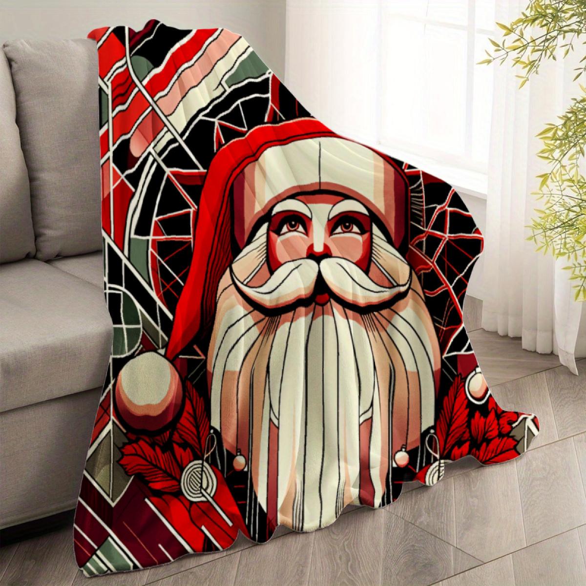 290g Flannel Blanket Christmas Throw Blanket Red And Black Santa Claus Art Print For Home Decor And Cozy Winter Nights Camping Picnic Chair Set Tree Ceramic Mug with Straw