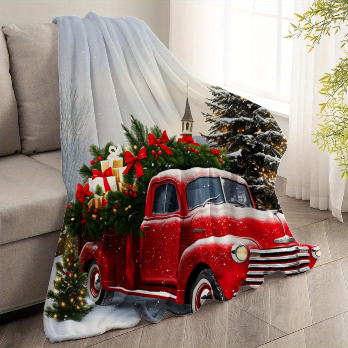 290g Flannel Christmas Throw Blanket Red Vintage Truck With Tree & Gifts Print for Cozy Holiday Decor Festive Home Accessories Camping Picnic Chair and Set Ceramic Mug Straw